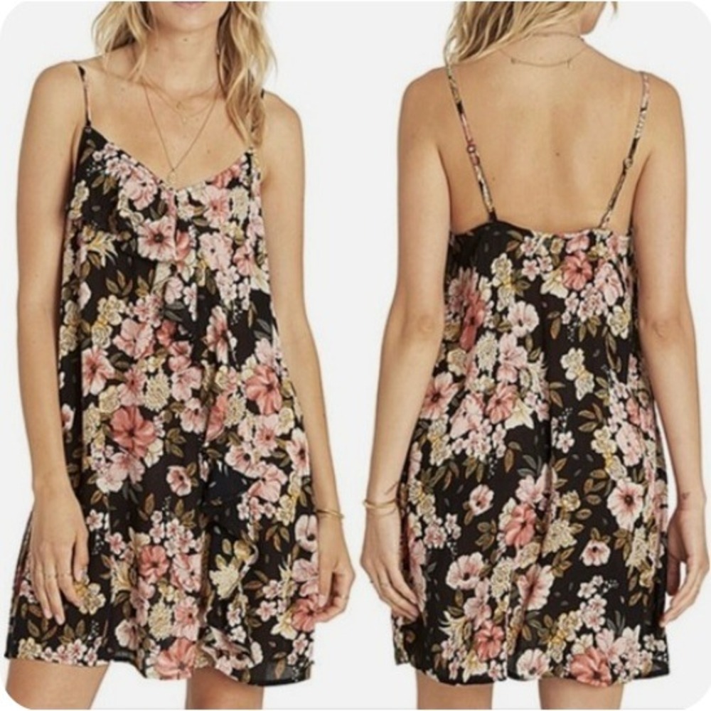 Billabong Floral Mini Sundress S Black Pink Surfgirl Coastal Y2K EUC